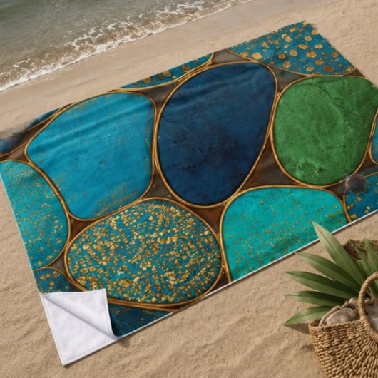 Turquoise Blue Gold Pebble  Luxury Teal Stone Mosa ビーチタオル