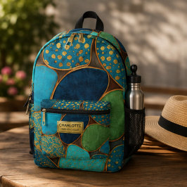 Turquoise Blue Gold Pebble Luxury Teal Stone Mosa プリントバックパック