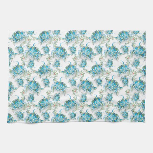 Turquoise Blue Sea Turtle Beach Christmas  キッチンタオル (横)