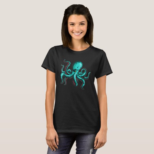 Turquoise Blue Squid Octopus Water Sea Creatures F Tシャツ (正面フル)