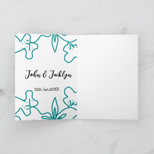 Turquoise blue wedding couple name date flstylish  カード (内部)