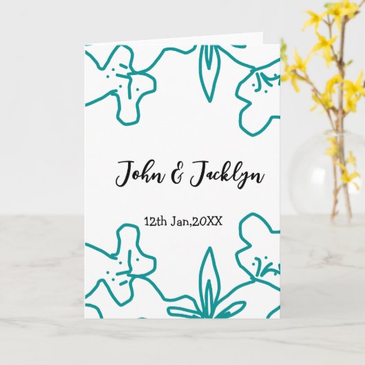 Turquoise blue wedding couple name date flstylish カード (黄色い花)