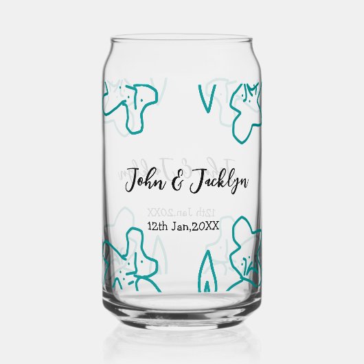 Turquoise blue wedding couple name date flstylish  ガラス缶 (裏面)