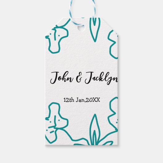 Turquoise blue wedding couple name date flstylish  ギフトタグ (正面)