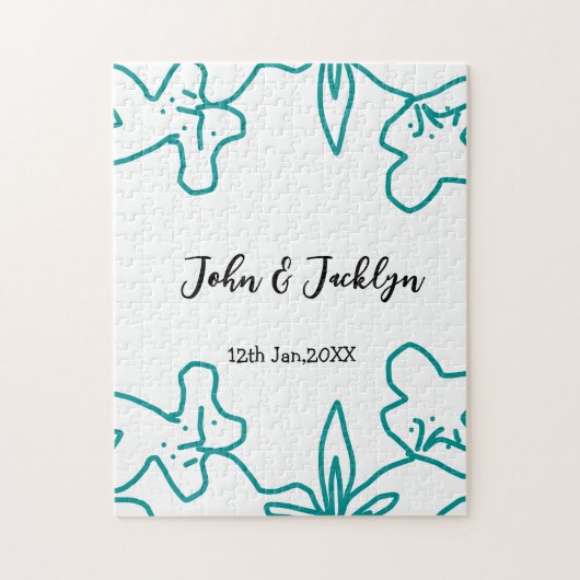 Turquoise blue wedding couple name date flstylish  ジグソーパズル (縦)