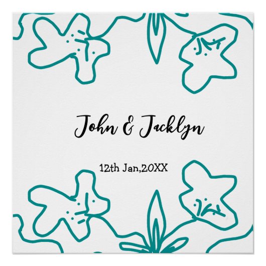 Turquoise blue wedding couple name date flstylish  ポスター (正面)