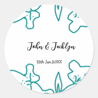 Turquoise blue wedding couple name date flstylish  ラウンドシール