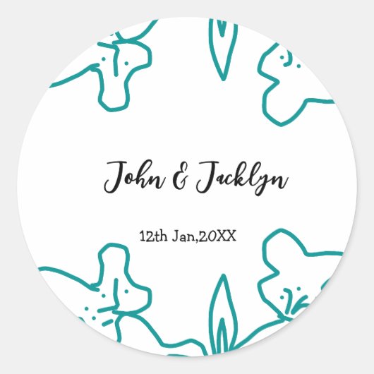 Turquoise blue wedding couple name date flstylish  ラウンドシール (正面)