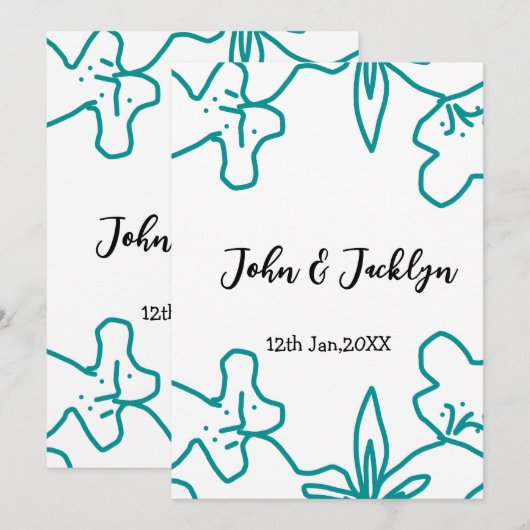 Turquoise blue wedding couple name date flstylish 招待状 (正面/裏面)