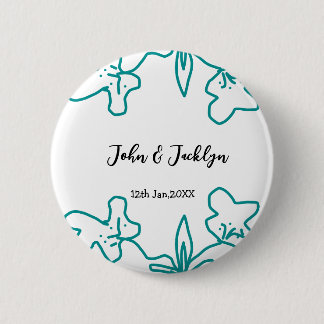 Turquoise blue wedding couple name date flstylish  缶バッジ
