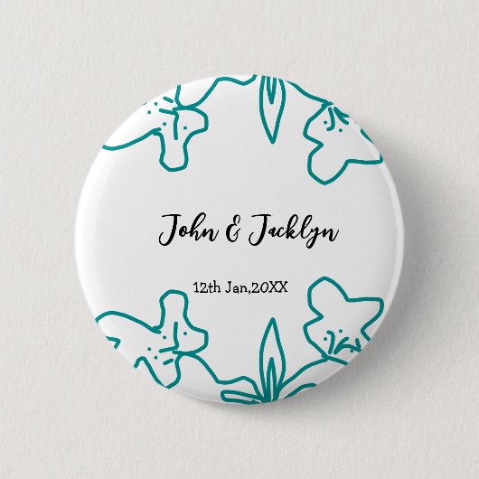Turquoise blue wedding couple name date flstylish 缶バッジ (正面)