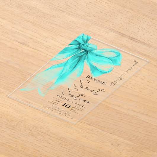 Turquoise Bow Coquette Script Sweet 16 Party アクリル招待状 (レイダウン)