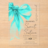 Turquoise Bow Coquette Script Sweet 16 Party アクリル招待状 (正面)