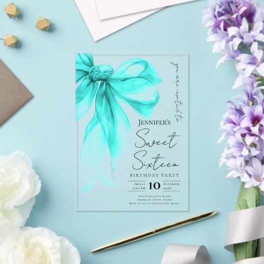 Turquoise Bow Coquette Script Sweet 16 Party アクリル招待状 (インサイチュ (ウェディング))
