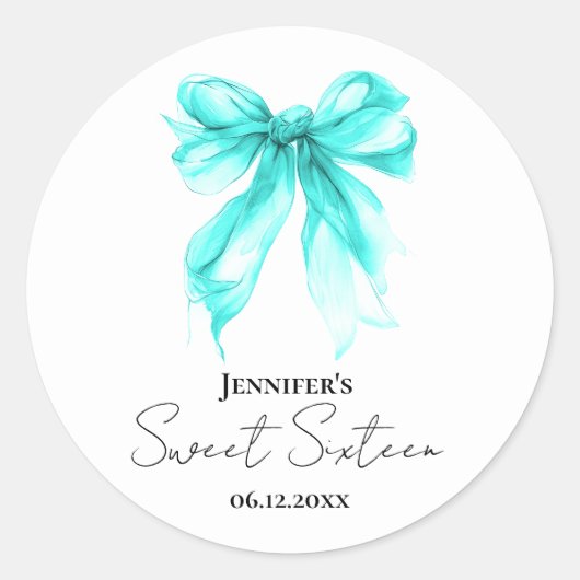 Turquoise Bow Coquette Script Sweet 16 Party  ラウンドシール (正面)