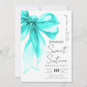 Turquoise Bow Coquette Script Sweet 16 Party  招待状 (正面)