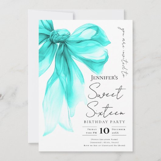 Turquoise Bow Coquette Script Sweet 16 Party  招待状 (正面)