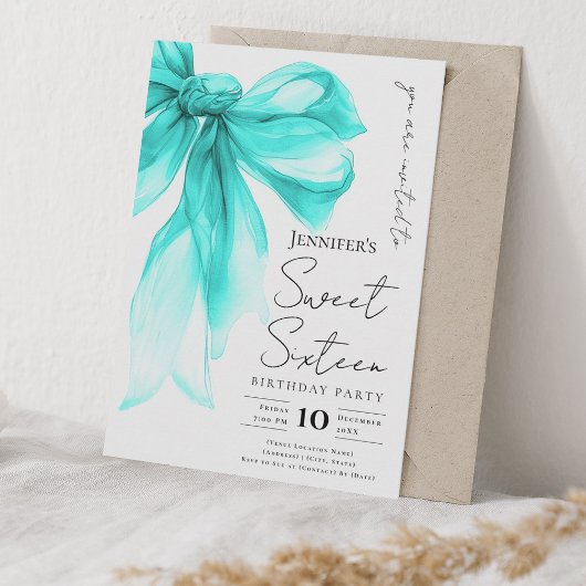 Turquoise Bow Coquette Script Sweet 16 Party  招待状