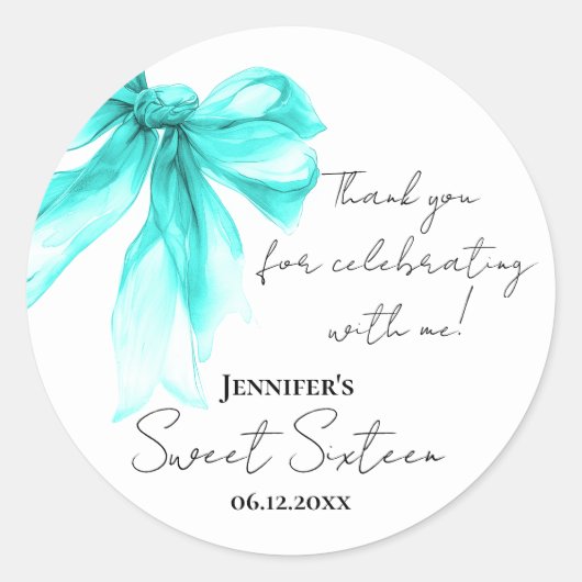 Turquoise Bow Coquette Script Sweet 16 Thank You  ラウンドシール (正面)