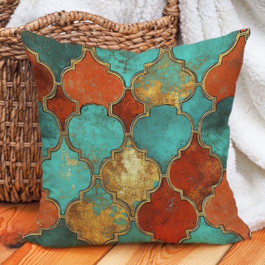 Turquoise Burnt Orange Moroccan Quatrefoil クッション