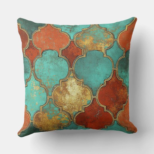 Turquoise Burnt Orange Moroccan Quatrefoil クッション (裏面)