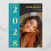 Turquoise Charcoal Modern Graduation Party 箔招待状ポストカード (正面)