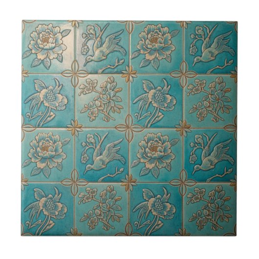 Turquoise Chinoiserie Relief Pattern Ceramic Tile タイル (正面)