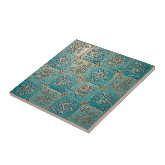 Turquoise Chinoiserie Relief Pattern Ceramic Tile タイル (側面)