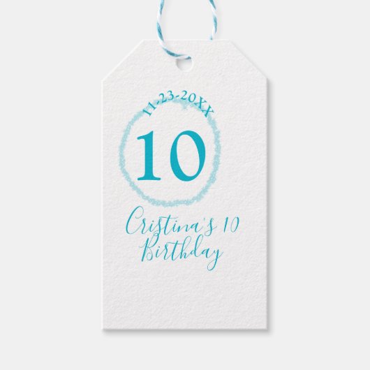 Turquoise circle. Round glitter 10th birthday bold ギフトタグ (正面)