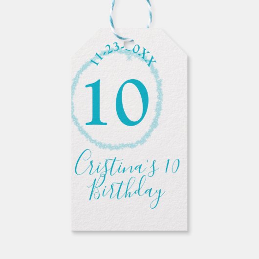Turquoise circle. Round glitter 10th birthday bold ギフトタグ (裏面)