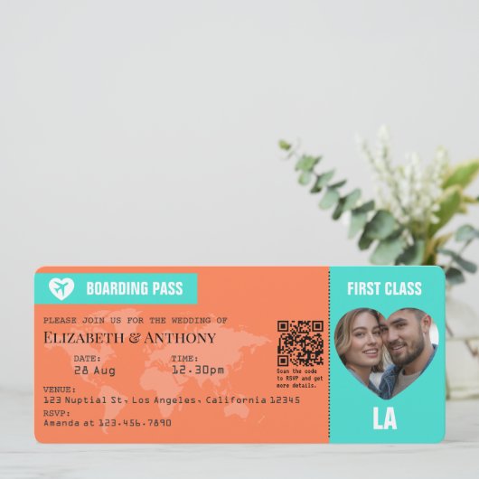 Turquoise & Coral Boarding Pass Wedding 招待状 (スタンド正面)
