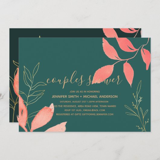 Turquoise Coral Gold COUPLES SHOWER Handwritten 招待状 (正面/裏面)