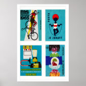 Turquoise Czech Matchbox Labels Grid Print ポスター (正面)