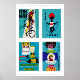 Turquoise Czech Matchbox Labels Grid Print ポスター