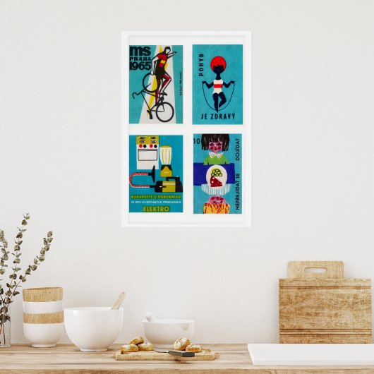 Turquoise Czech Matchbox Labels Grid Print ポスター (キッチン)