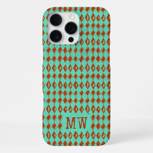 Turquoise Doodle Diamond Pattern Custom Monogram iPhoneケース (裏面)