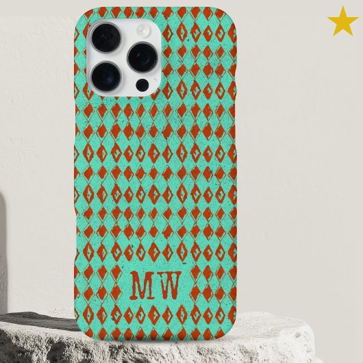Turquoise Doodle Diamond Pattern Custom Monogram iPhoneケース