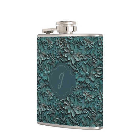 Turquoise Faux Tooled Leather Vinyl  フラスク (左)