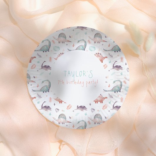 Turquoise Girl Dinosaur Birthday Party ペーパープレート