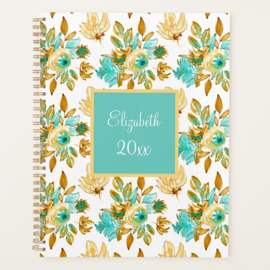 Turquoise & Gold Floral Personalized プランナー手帳 (正面)