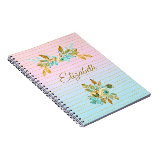 Turquoise & Gold Floral Personalized Notebook ノートブック (右側)