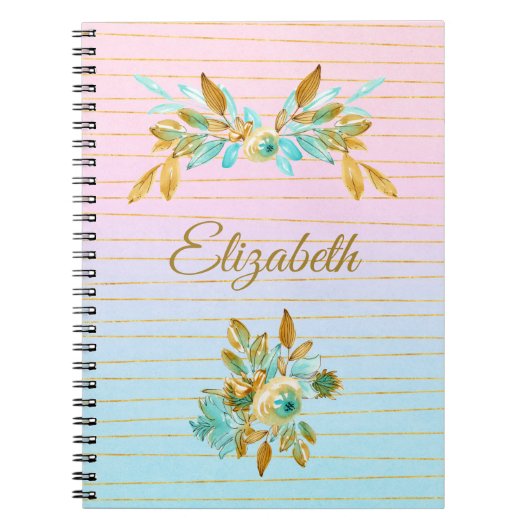 Turquoise & Gold Floral Personalized Notebook ノートブック (正面)