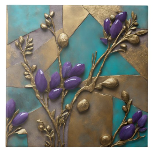 Turquoise & Gold Floral Relief Art with Purple  タイル (正面)