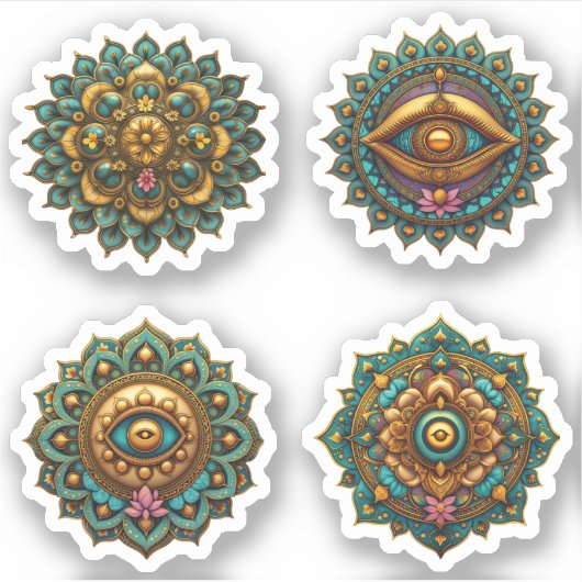 Turquoise Gold Lotus Mandala - Fantasy Graphic 4pc シール (正面)