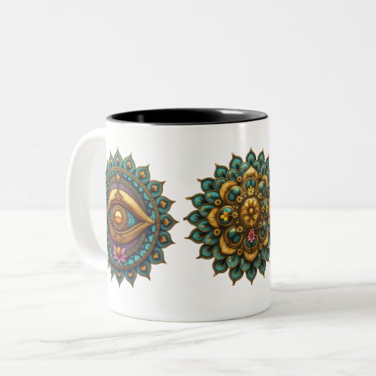 Turquoise Gold Lotus Mandala - Fantasy Graphic Art ツートーンマグカップ (正面左)