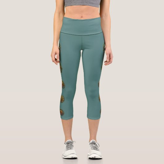 Turquoise Gold Lotus Mandala Print Teal Activewear カプリレギンス (正面)