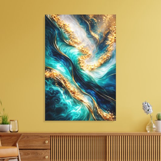 Turquoise & Gold Marble Swirls Canvas Print キャンバスプリント (インサイチュ (リビング))