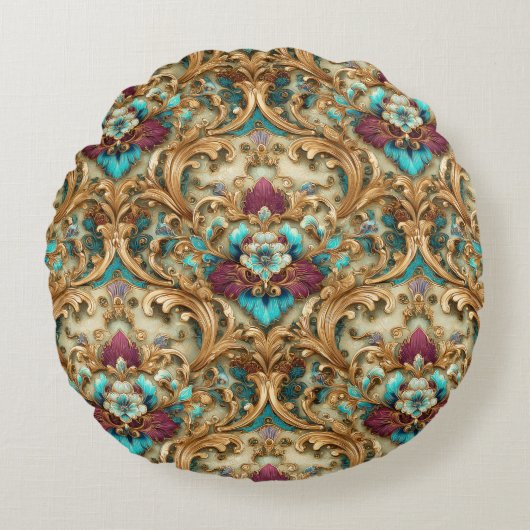 Turquoise & Gold Ornate Damask ラウンドクッション (正面)