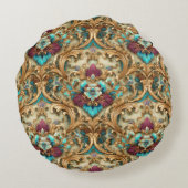 Turquoise & Gold Ornate Damask ラウンドクッション (裏面)