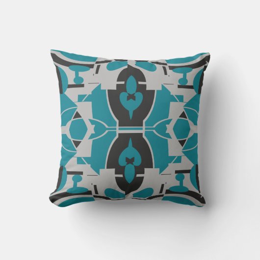 Turquoise Gray Black Mediterranean Mosaic Motif クッション (正面)